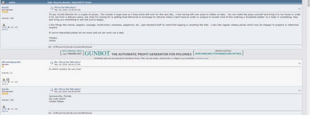 10,000 Bitcoins are used to purchase two large pizzas.