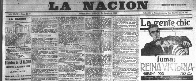 En 1913, Juan Pedro Paz Soldán publica La Nación.