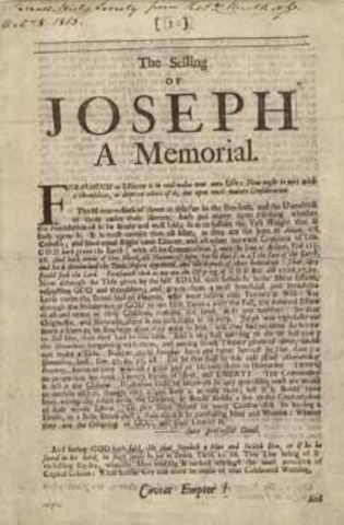 The publication of Samuel Sewall's "The Selling of Joseph", is considered the first major condemnation of slavery in print in British North America.
