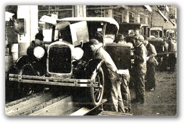 Henry Ford creates the assembly line for mass production of the Model T car