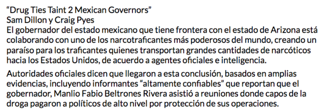 Controversias (1997), The New York Times publicó información en la que vinculó a Manlio Fabio con el narcotráfico