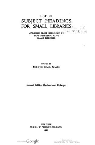 Sears List of Subject Headings first published