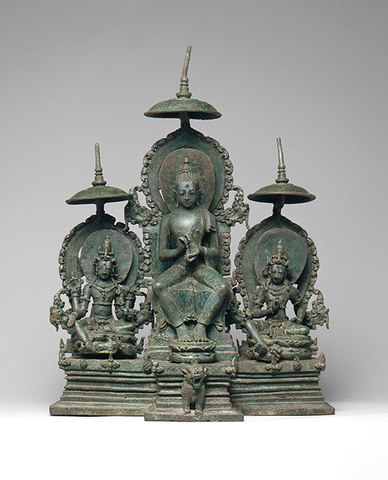 Enthroned Buddha Attended by the Bodhisattvas Avalokiteshvara and Vajrapani