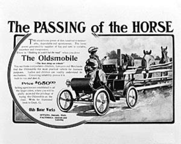 Passing of the Horse Oldsmobile ad.  Eil Olds markets his Curved Dash Oldsmobile against his biggest competitor - the horse, an animal he disliked from his childhood days on the farm.