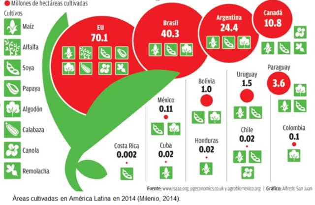 28 países sembraron 181.5 millones de hectáreas con cultivos genéticamente modificados. En total, 18 millones de agricultores sembraron semillas genéticamente modificadas en el mundo