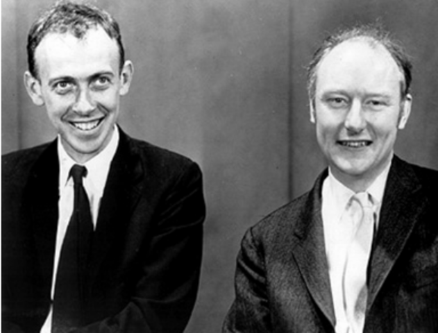 Describen por primera vez la estructura en doble hélice del ADN o código genetico. Su artículo es publicado en la revista “Nature” y marca la era de la genética moderna.