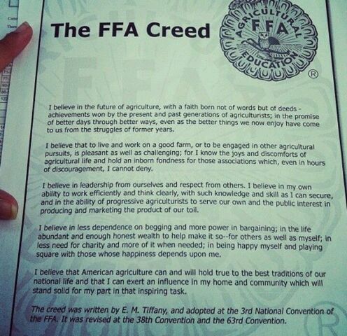 Official FFA Creed, written by E.M. Tiffany, adopted.