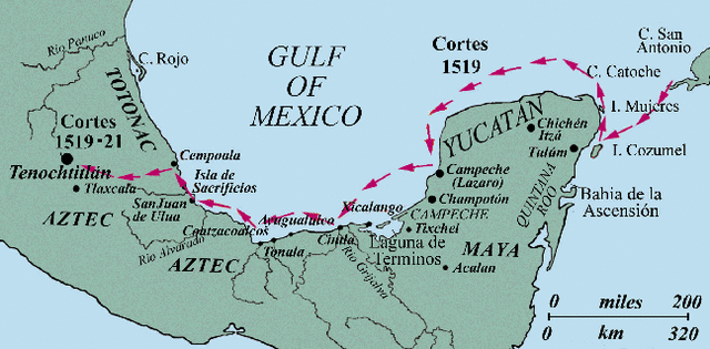 Cortes conquers the Aztecs at Tenochtitlan (Mexico City).