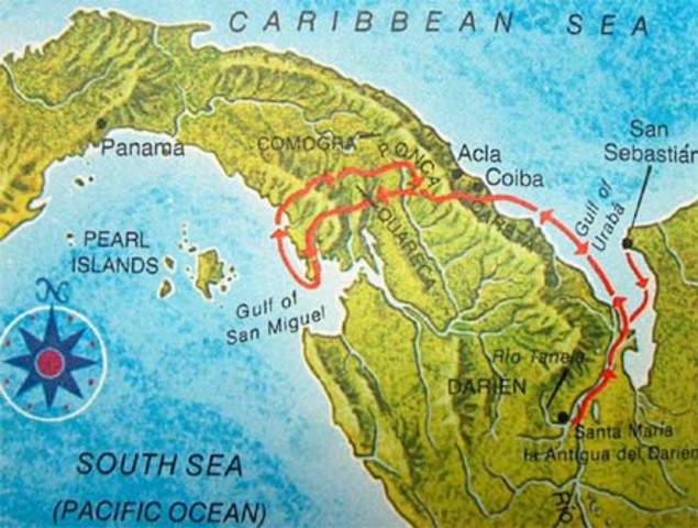 Balboa "discovers" the Pacific Ocean in Panama.