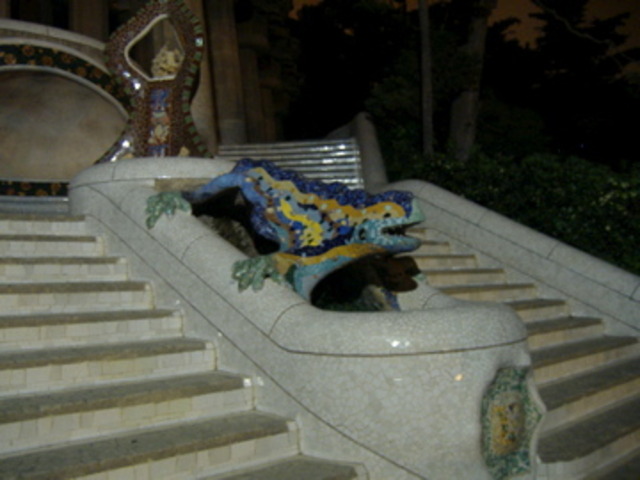 Parc Guell, Barcelona, Spain: The intended garden village imagined by Eusebi Guell and designed/constructed by his friend Antonio Gaudi is turned into a public park. The lizard pictured here is made of mosaic-like tiles.