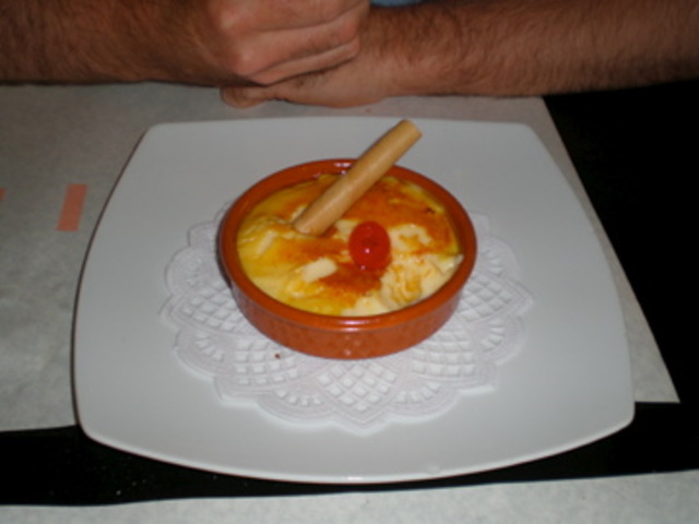 England, Spain, and France all claim creative rights to the dessert known as "creme brulee". This picture was taken in Barcelona (the Spanish claim they invented it in the 18th century).