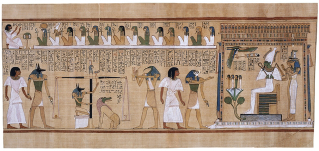 Last Judgment of Hu-Nefer, from his tomb (page from the Book of the Dead). New Kingdom, 19th Dynasty. c. 1275 B.C.E. Painted papyrus scroll