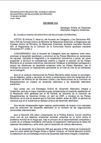 Se aprueba la nueva Estrategia Andina de Desarrollo Alternativo, que refuerza el principio de responsabilidad compartida y adopta un enfoque integral y sostenible.
