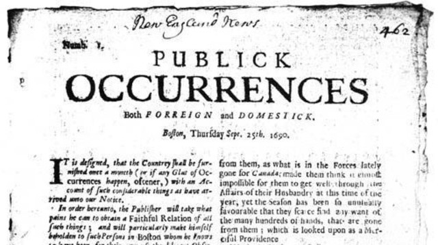 Se publica el primer periódico estadounidense “Publick Occurrences”.