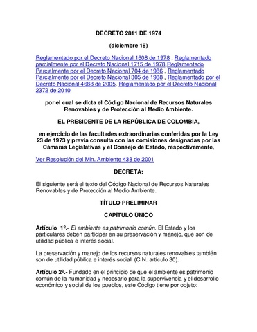 Código Nacional de Recursos Naturales Renovables y de Protección del Medio Ambiente (Decreto 2811/74)