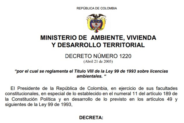 Decreto número 1220 de 2005