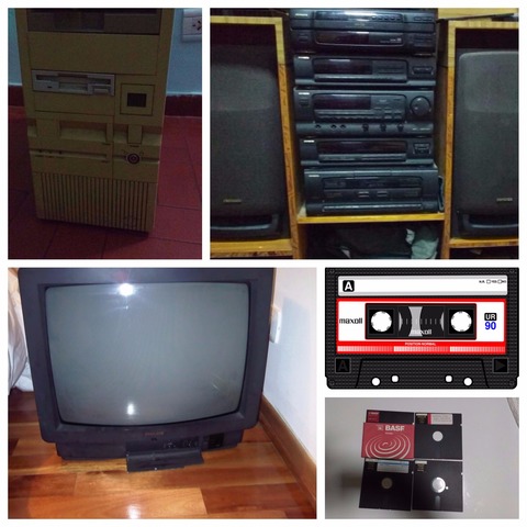 Equipo de sonido AIWA, Televisión a tubo, Casetes, VHS, Disquetes, PC con sistema MS-DOS