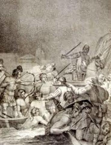 Maya: La ciudad de Tayasal es ataca y encendida en fuego por los españoles.