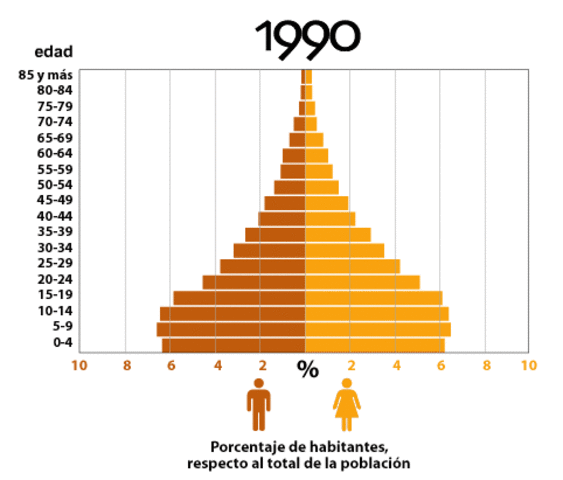 Empieza el aumento de personas personas entre 30 y 50 años y comienza a disminuir la cantidad de niños