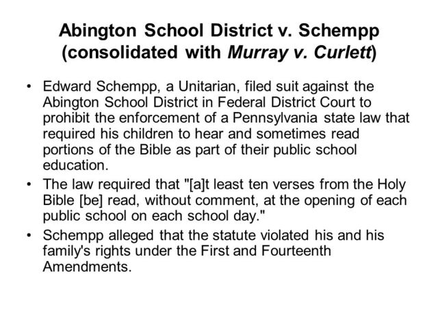 Abington School District vs Schempp and Murray vs Curlett
