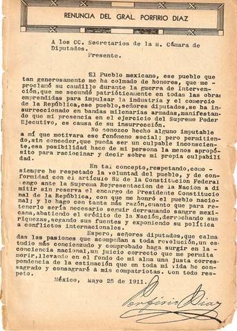 Porfirio Díaz renuncia al poder
