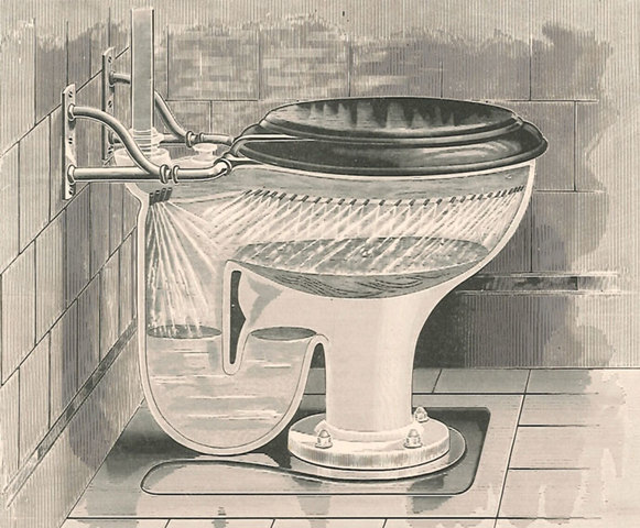 The first flushing toilet