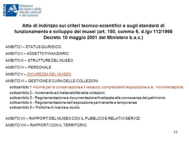 Atto di indirizzo sui criteri tecnico-scientifici e sugli standard di funzionamento e sviluppo dei musei
