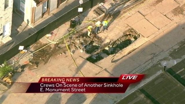 Third sinkhole on Monument Street in Baltimore, MD opens up