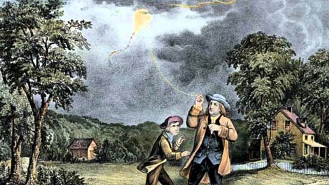 Benjamin Franklin flies his kite