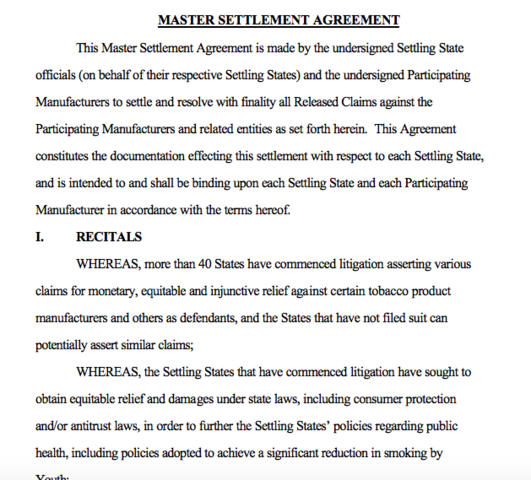 Tobacco Master Settlement Agreement Agreed to by North Carolina