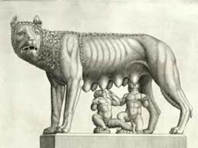 Rómulo y Remo gemelos amantados por la loba Capitolina