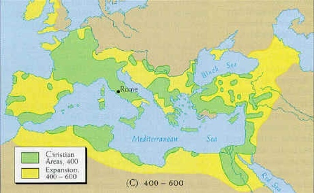 Christianity spreads to Spain, Italy, Britain, Greece, Asia Minor, Syria, and Egypt