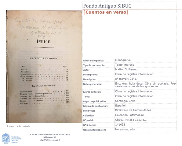 Matta, Guillermo. (1853). "Cuentos en verso".