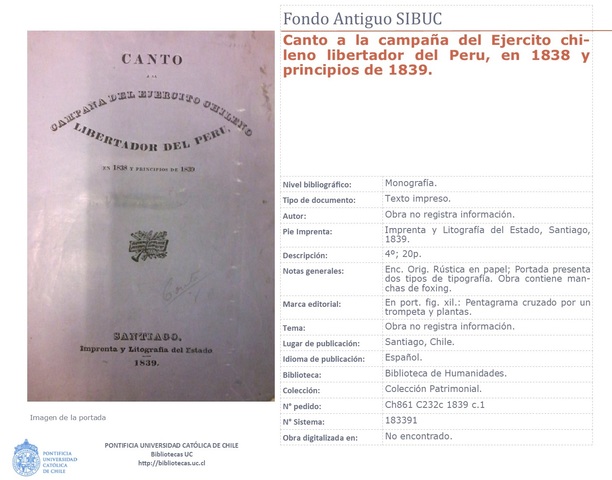 A.A. (1838) "Canto a la campaña del Ejercito chileno libertador del Peru"