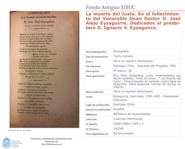 A.A. (1850). "La muerte del Justo. En el fallecimiento del Venerable Dean Doctor D. José Alejo Eyzaguirre"