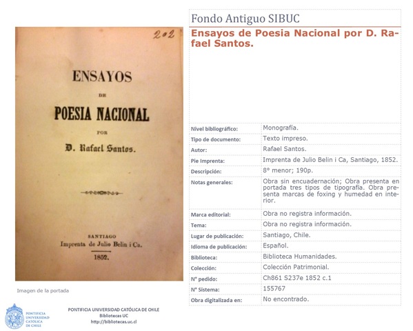 Santos, Rafael. (1852). "Ensayos de Poesia Nacional"