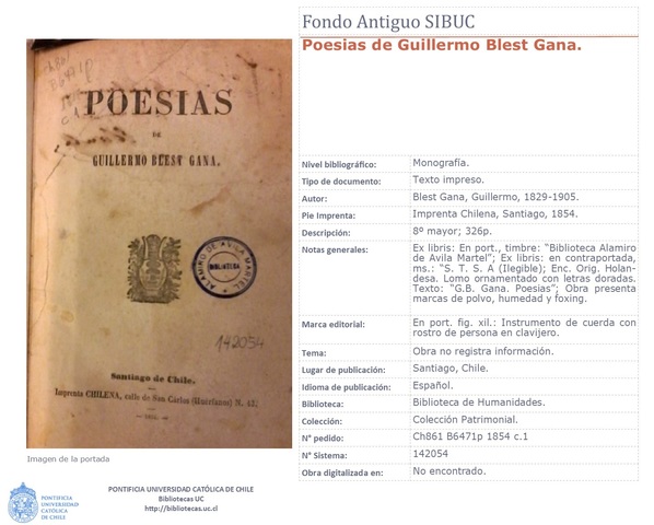 Blest Gana, Guillermo. (1854). "Poesías"