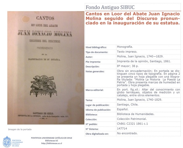 Molina, Juan Ignacio. (1861). "Cantos en Loor del Abate Juan Ignacio Molina"