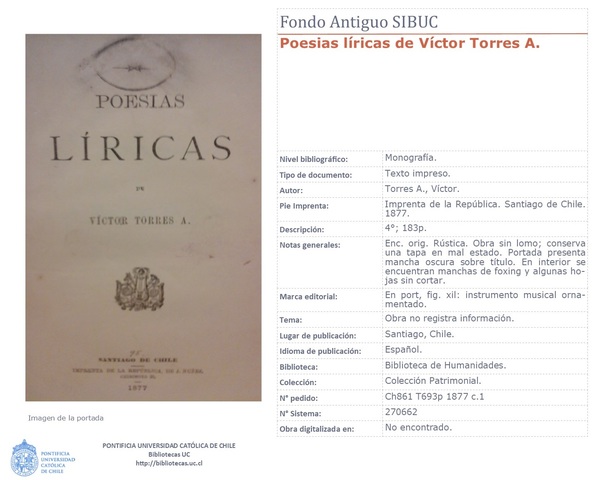 Torres, Víctor. (1877). "Poesías líricas"