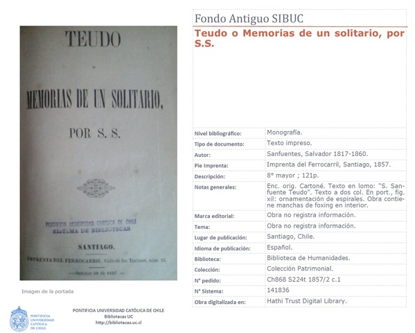 Sanfuentes, Salvador. (1857). "Teudo o Memorias de un solitario"