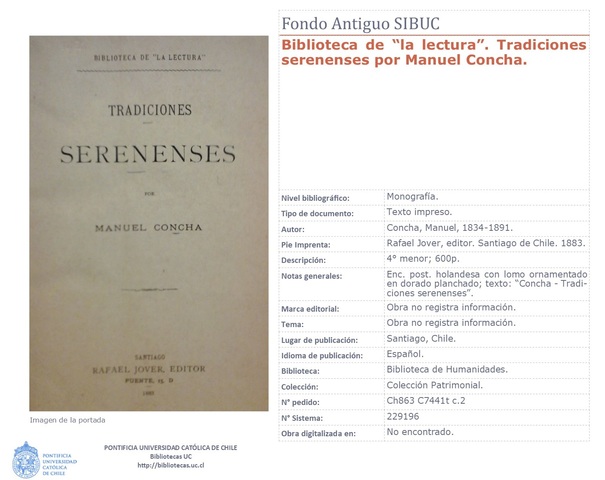 Concha, Manuel. (1883). "Tradiciones serenenses".