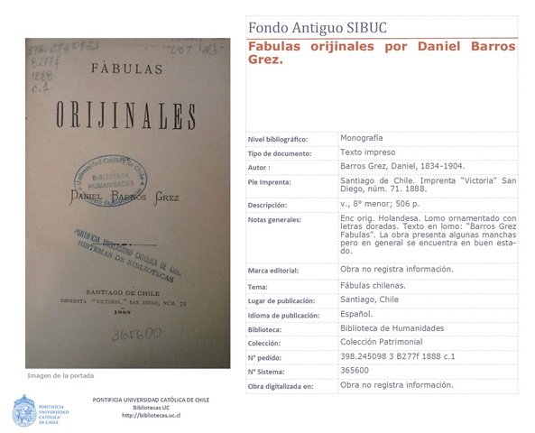 Barros Grez, Daniel. (1888). "Fabulas orijinales"
