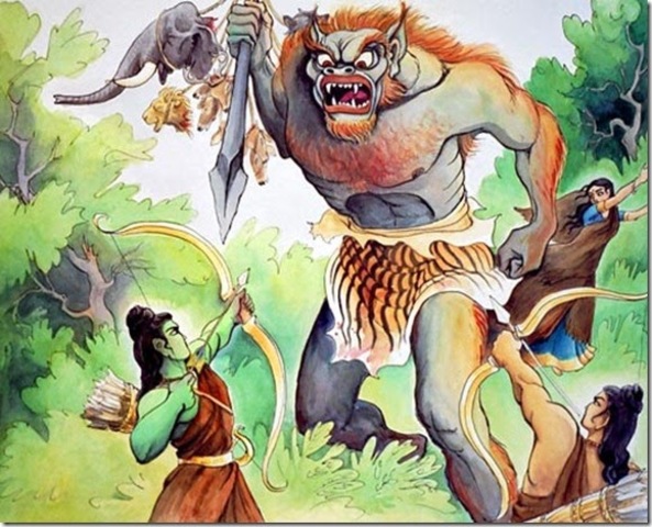 Rama and his twin fought the demon in the forest