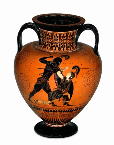 A black-figure vase by Exekias depicts Achilles killing the Amazon Penthesilea.