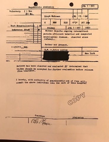 Lloyd McGowan Psychiatric Admission to LF O'Brien Asylum