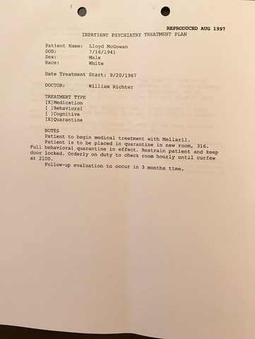 Lloyd McGowan Treatment Plan with Mellaril