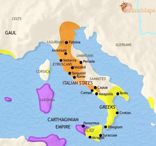 The Etruscans establish cities from northern to central Italy