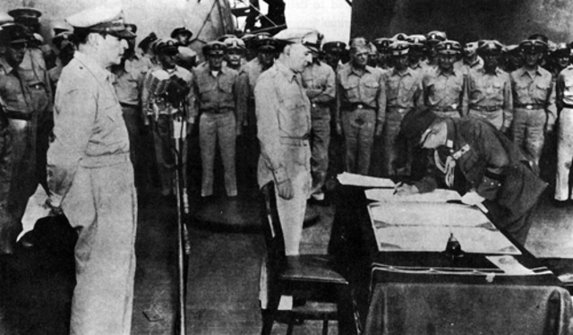 Japan accepts the Allied terms of surrender in World War II and the Emperor records the Imperial Rescript on Surrender (August 15 in Japan standard time).