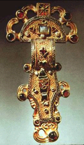 Merovingian looped fibula, Mid-6th century, Silver with inlaid stones, Merovingian (Frankish)