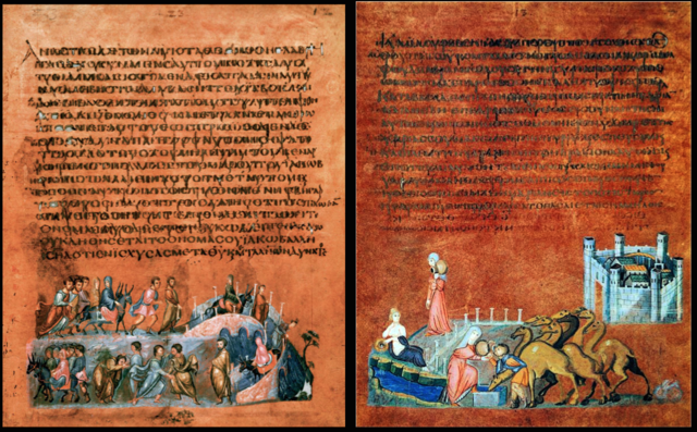 Rebecca and Eliezer at the Well and Jacob Wrestling the Angel, Early 6th century, Pigments on vellum, Byzantine